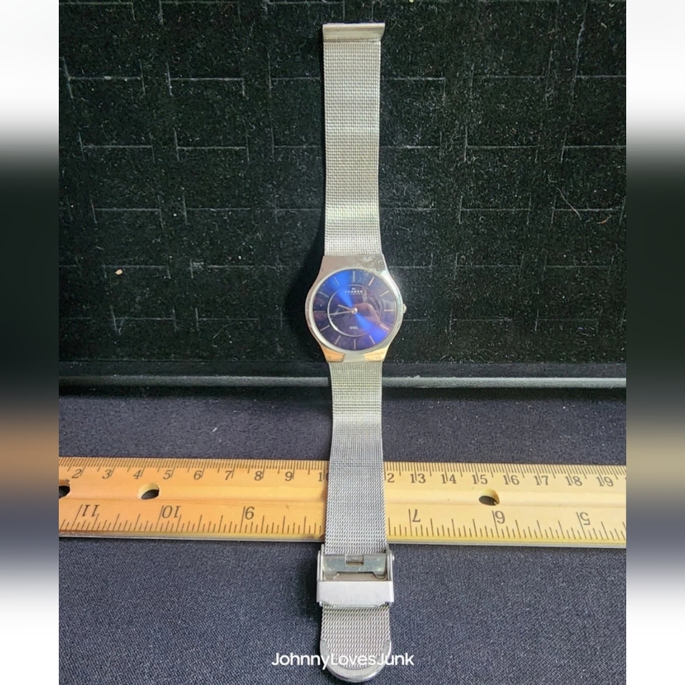 Vintage Skagen Stainless Steel Men's Watch Blue Mirror Dial Runs Works KeepsTime